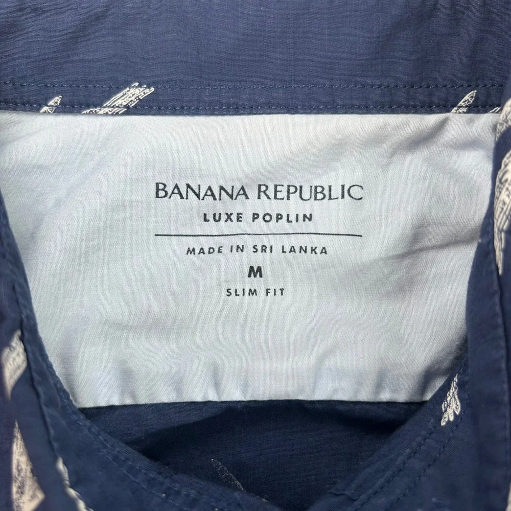 Banana Republic Luxe Poplin Mens Medium Slim Fit Navy Blue‎ Bird Print SS Shirt